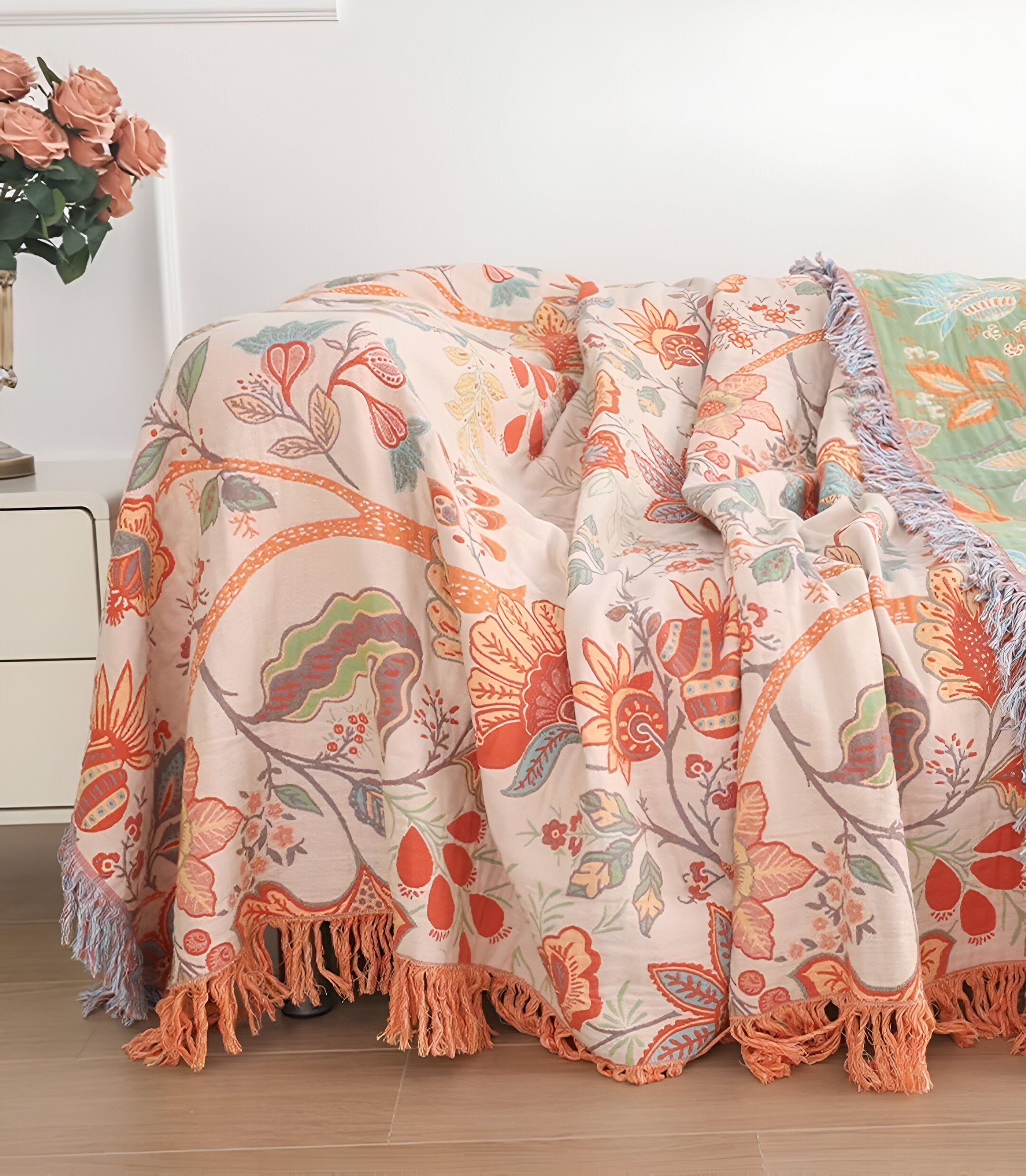 Floral Boho Throw Blanket | 100% Cotton Artisan Weave