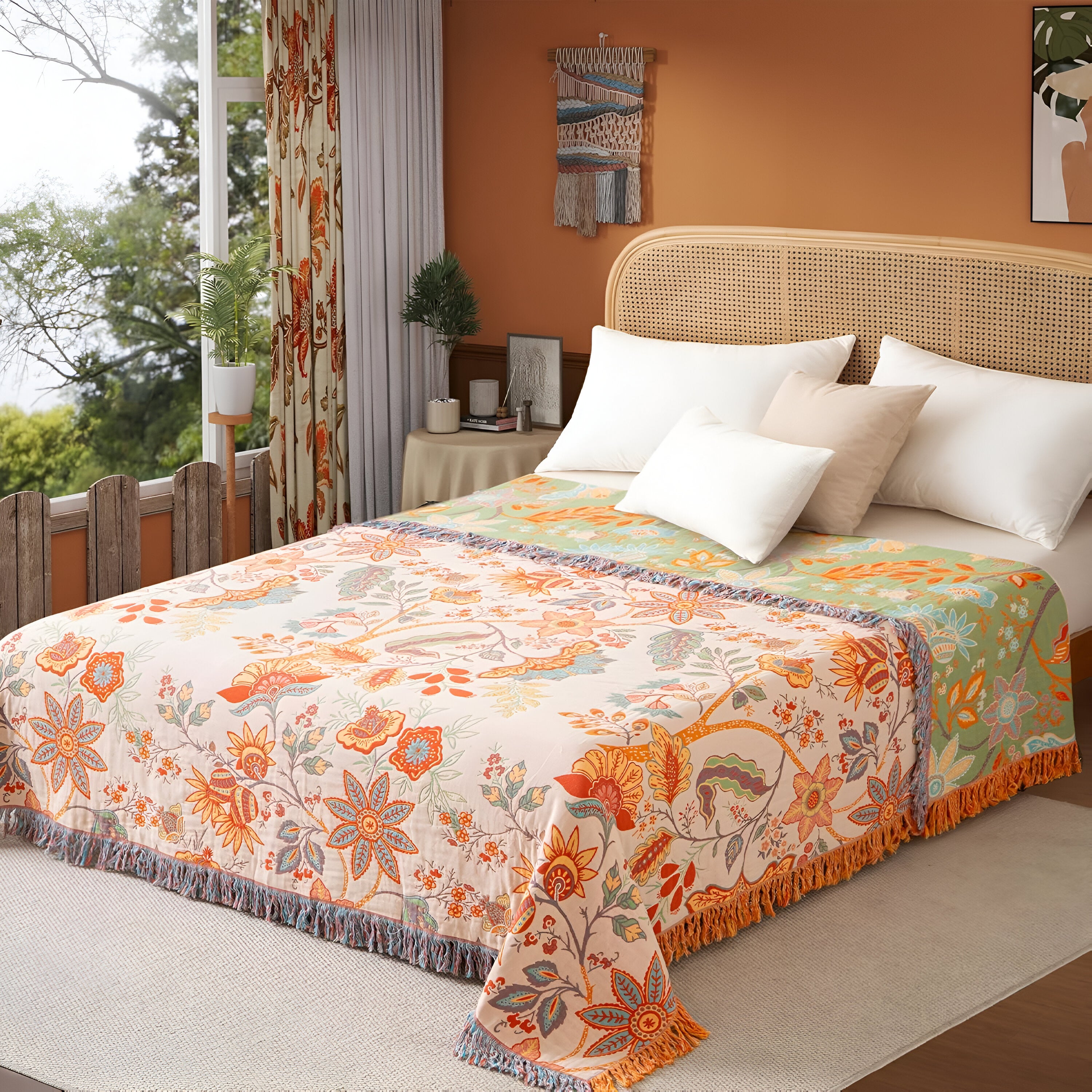 Floral Boho Throw Blanket | 100% Cotton Artisan Weave