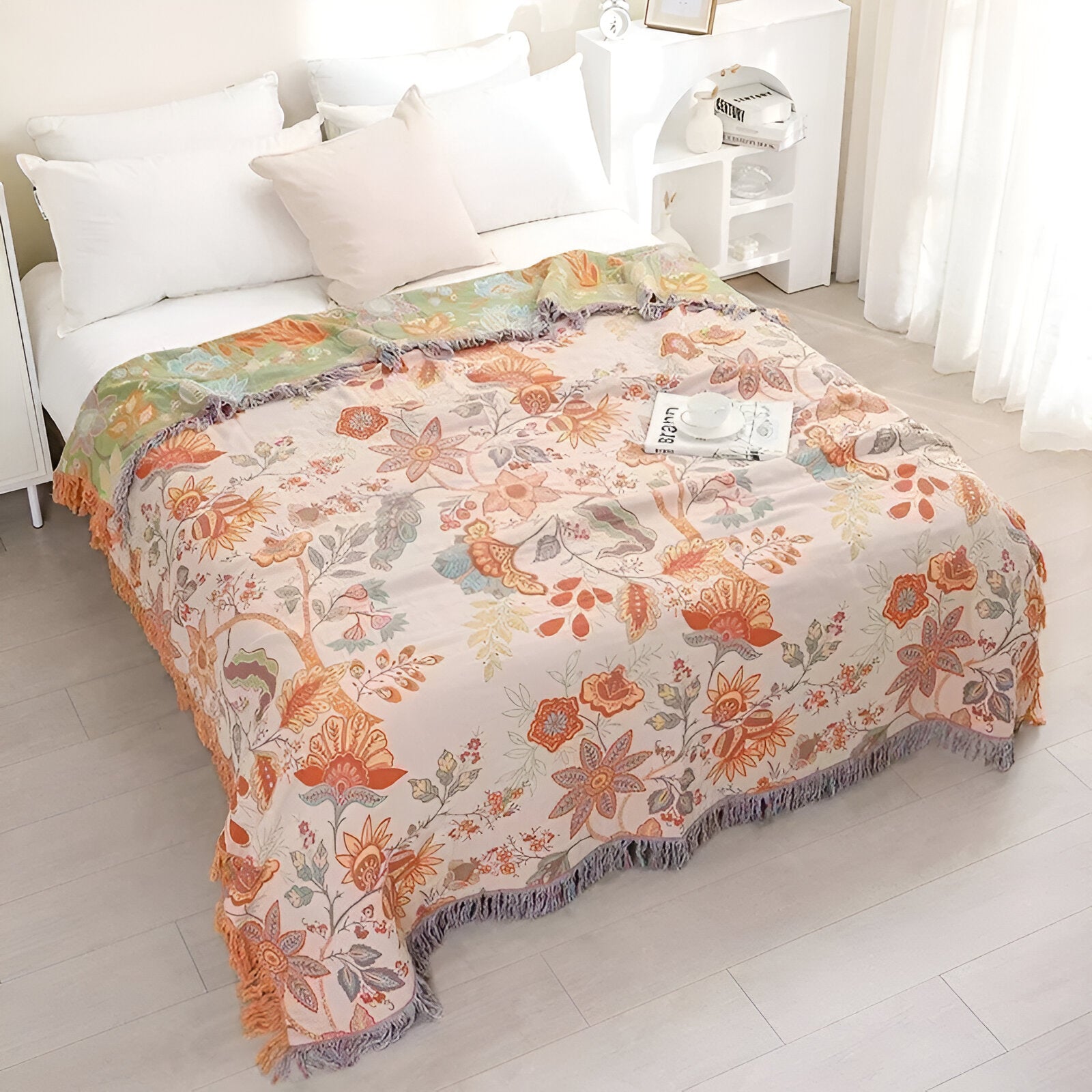 Floral Boho Throw Blanket | 100% Cotton Artisan Weave